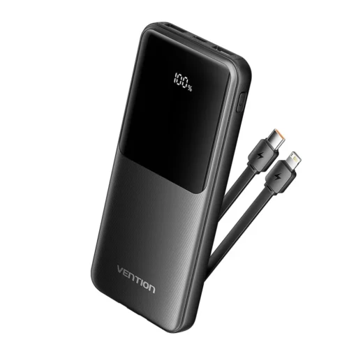 10000mAh Power Bank (Micro-USB + USB-C + USB-A + USB-A) w/ Built-in USB-C & Lightning Cables 22.5W Black LED Display