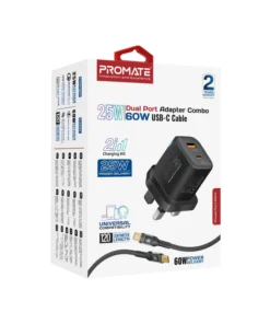 Promate 25W Power Delivery Dual Port Adapter Combo Charger