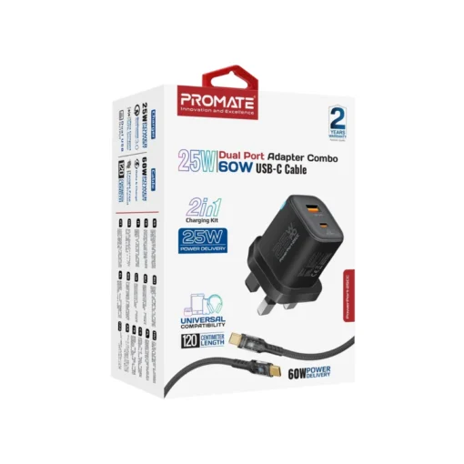 Promate 25W Power Delivery Dual Port Adapter Combo Charger