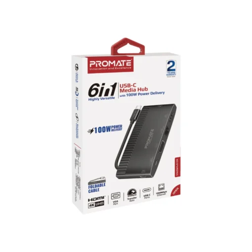 Promate  6-in-1 USB-C 100W Power Delivery MediaHub-C6