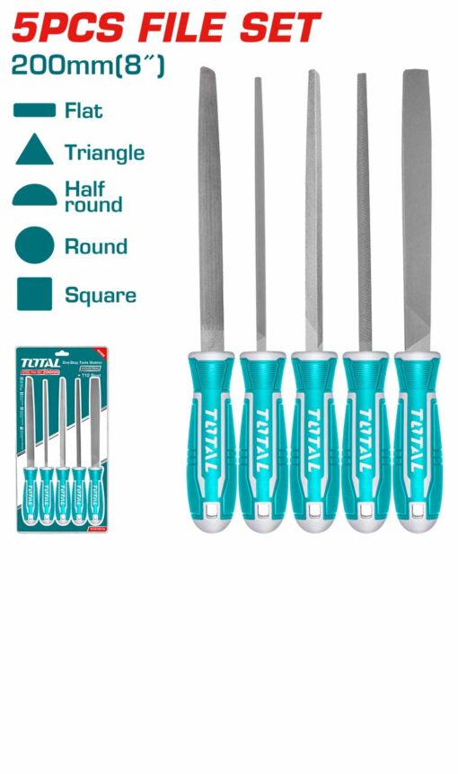 Handle any shaping or smoothing task with our 5-Piece Steel File Set (200mm/8"). This set includes five essential profiles: flat, half-round, round, triangle, and square, ensuring you always have the right tool for the job. Each file is made from premium T12 steel for hardness, durability, and efficient cutting performance across metal, wood, and plastic. At 200mm in length, they balance comfort and control for effective material removal. A must-have for metalworkers, woodworkers, and general finishing tasks. Packed in a double blister for protection and easy visibility.